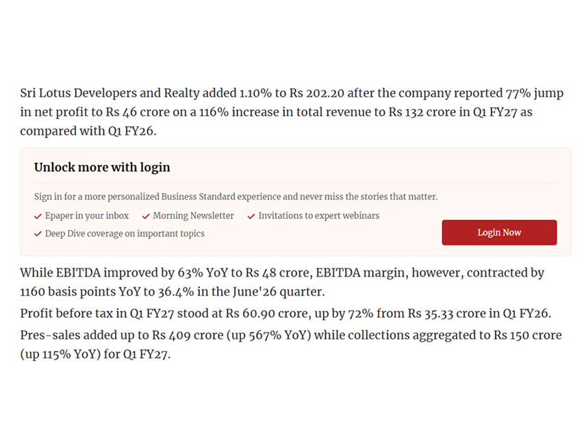 Sri Lotus Developers rises after recording 77% YoY rise in Q1 PAT