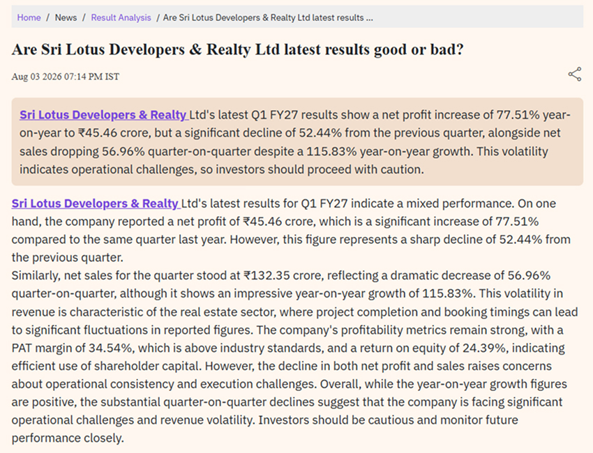 Are Sri Lotus Developers & Realty Ltd latest results good or bad?